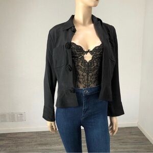 E C I New York black silk jacket with rose buttons